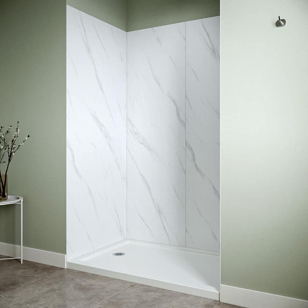 Streamline DSH-1700-187 32. in L x 48 in. W x 76 in. H 3-Piece Glue-Up Alcove Shower Surround in White Marble Finish (2)
