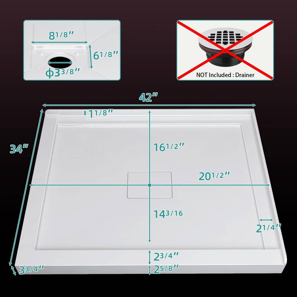 Getpro 42 in. L x 34 in. W Corner Shower Pan Base in White Acrylic Shower Tray with Center Drain Hole and Magnetic Cover (2)