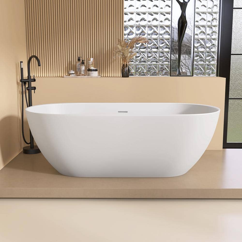 Zeafive Lux 67 in. x 31.5 in. Solid Surface Stone Resin Freestanding Soaking Bathtub with Overflow & Pop-Up Drain in Matte White (1)