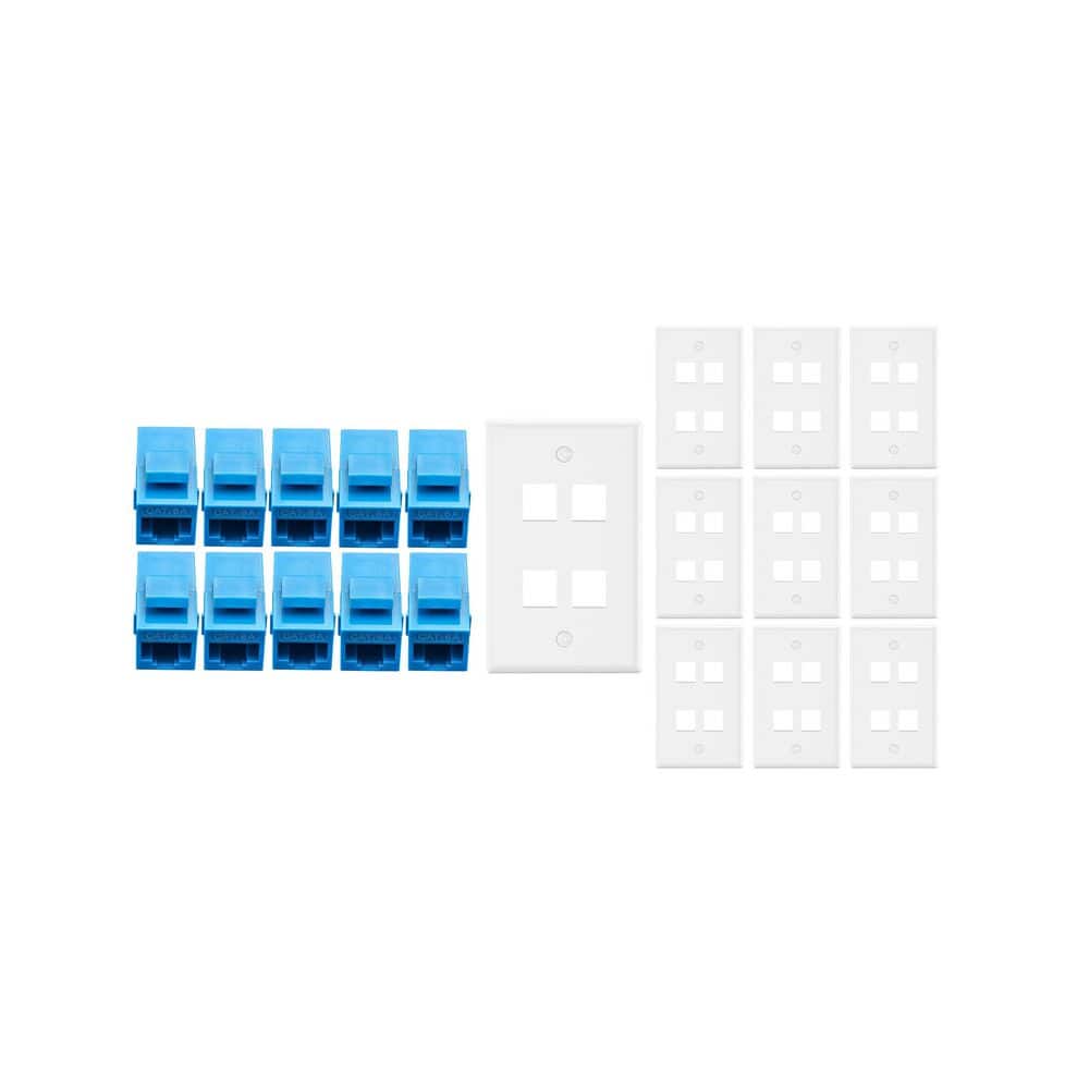 Micro Connectors, Inc 10-Pack 1-Gang White Keystone Plastic Wall Plate 4-Port & 10 Cat 6A RJ45 Keystone Inline Couplers Blue