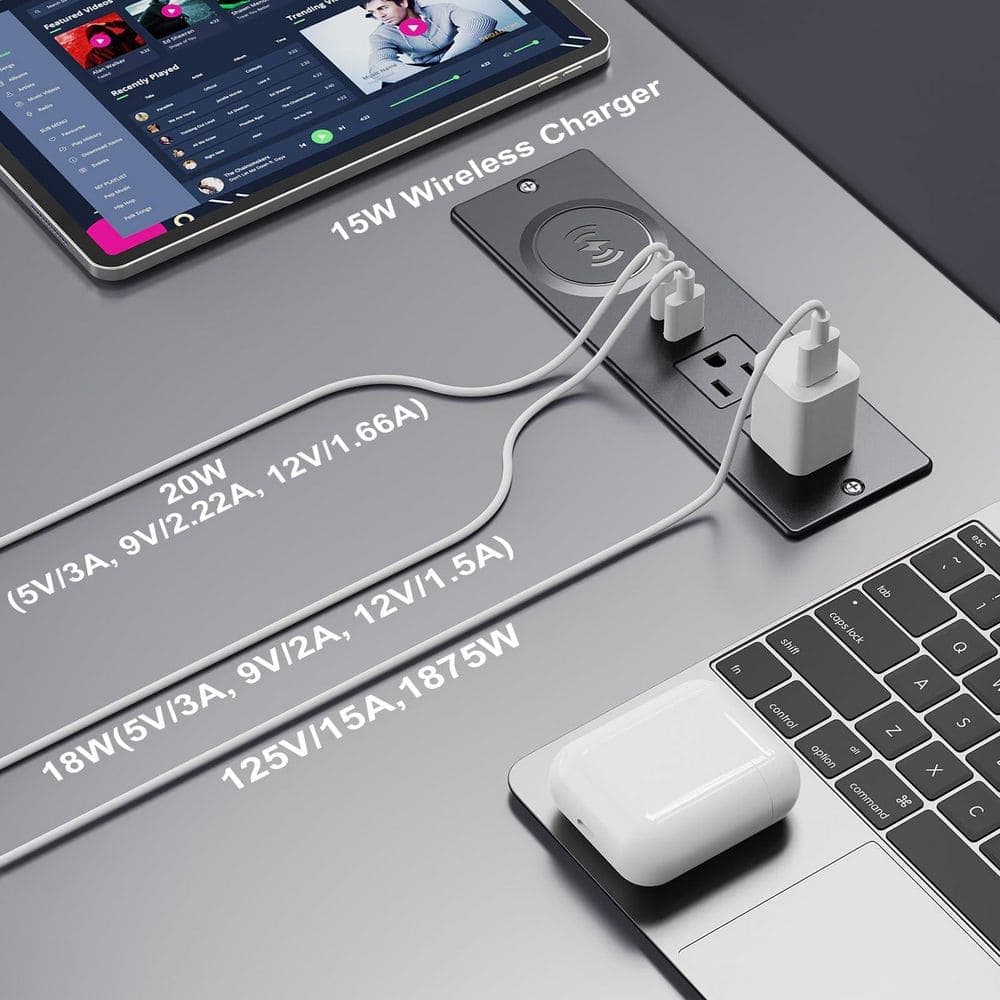 OBJLGEV 6.56 ft. 2-Outlet 1-Ports 1-Ports Surge Protector with USB-A USB-C Fast Charging Wireless Charger Recessed (3)