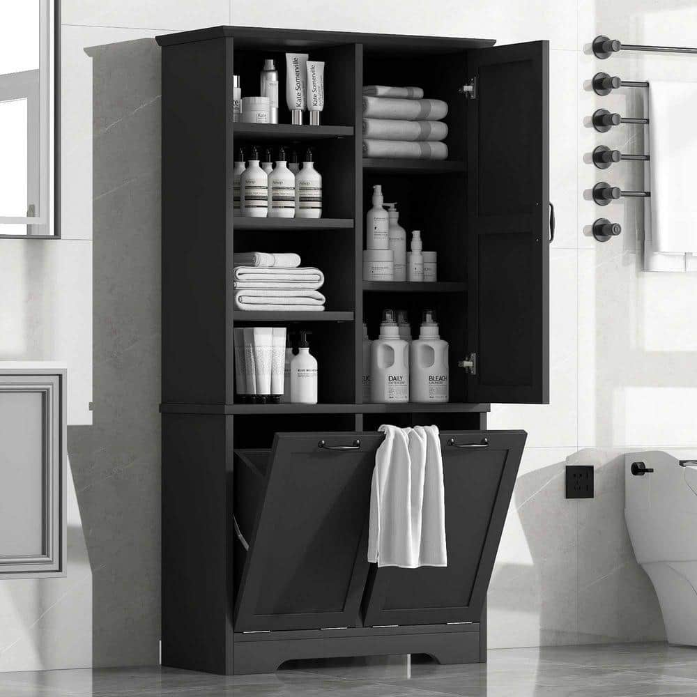 XUJMK 31 in. W x 14 in. D x 68 in. H Black Linen Cabinet, Storage Cabinet with Tilt-Out Laundry Hamper, Adjustable Shelves (3)