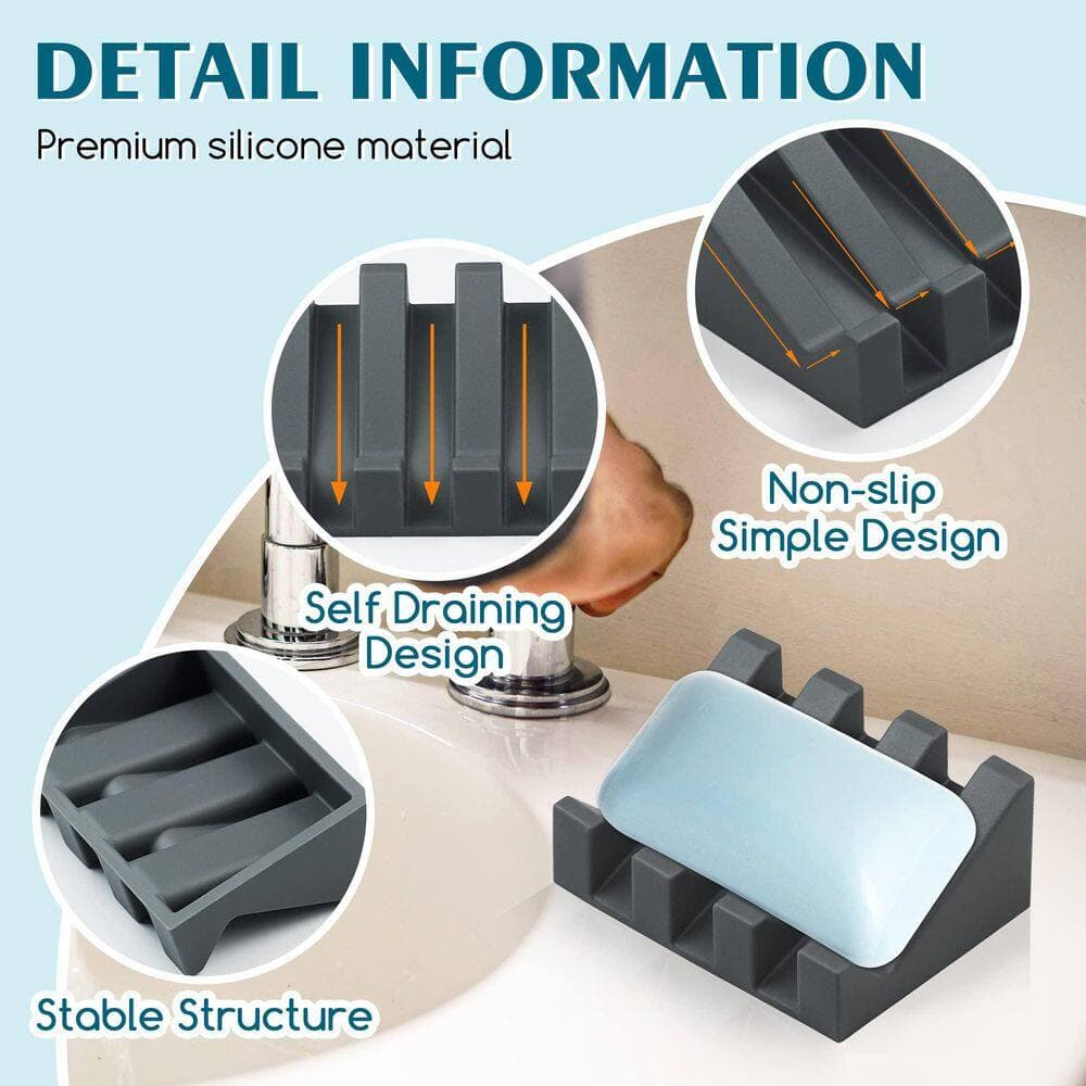 Numhew 2-Pack Self-Draining Silicone Soap Dish with Waterfall Drying Design for Shower, Bathroom, Kitchen Sink in Gray (3)