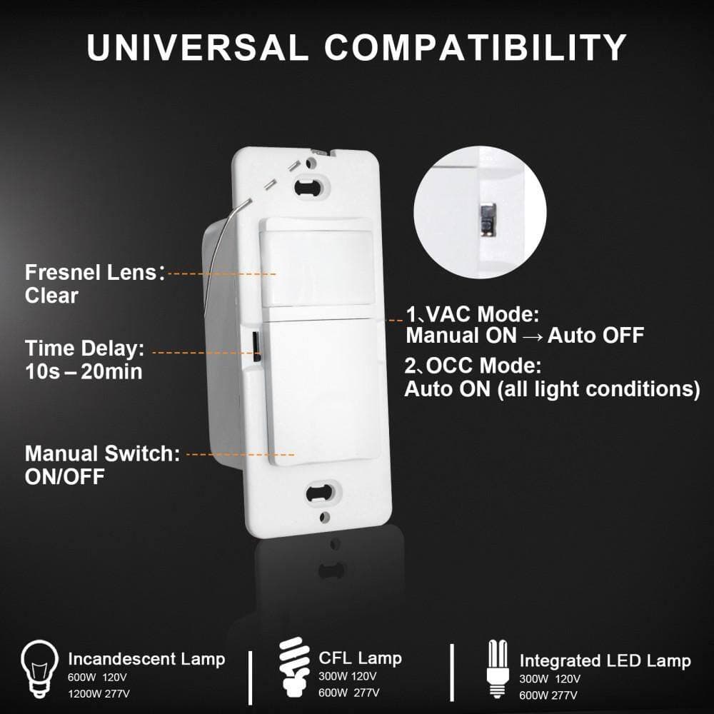 RUN BISON White 5 Amp Dual Voltage Motion Sensor Switch-120-Volt/277-Volt, Single-Pole or Multi-Location Control (3)