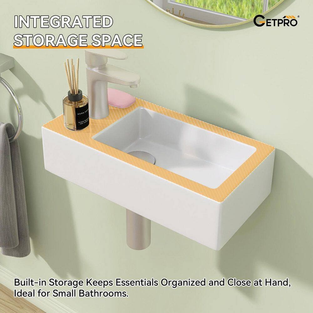 Getpro 14.56 in. Ceramic Wall-Mounted Rectangular Bathroom Sink Left Hand with Single Faucet Hole in White Floating Vessel Sink (3)