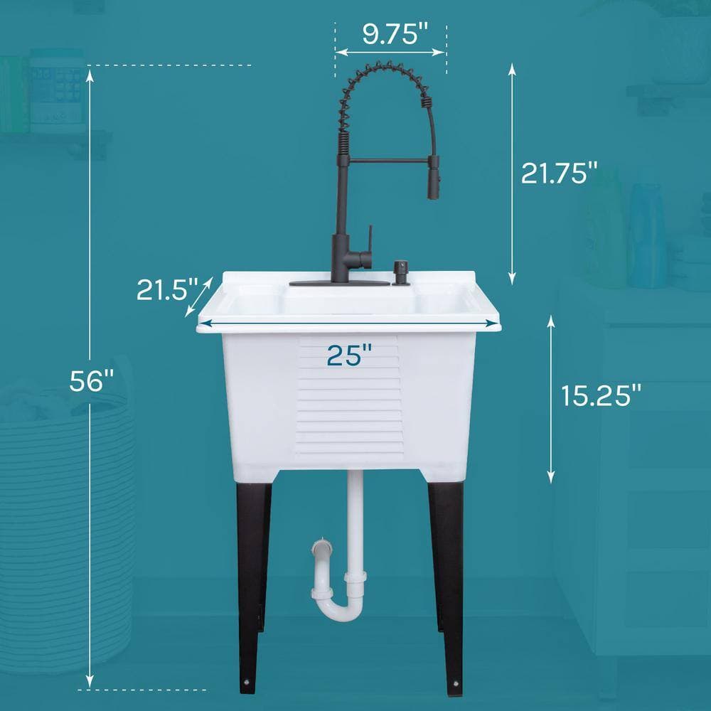 TEHILA 25 in. x 21.5 in. ABS Plastic Freestanding Utility Sink in White - Black Hi-Arc Coil Faucet, Soap Dispenser (3)