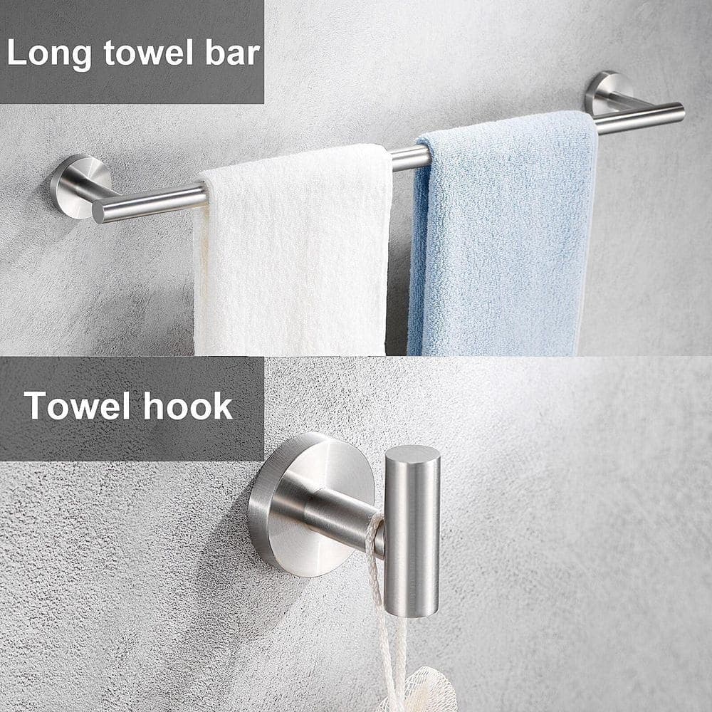 Wudkey 6 Pieces Stainless Steel Wall Mounted Bathroom Hardware Accessories Set in Brushed Nickel, 23.6 in. Round Towel Bar (2)