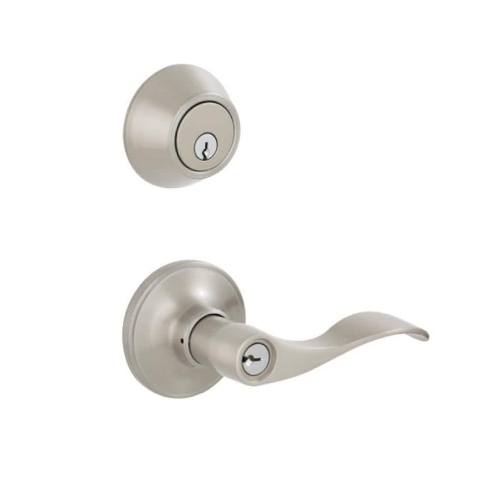ESSENTIALS by Schlage Millstreet Satin Nickel Single Cylinder Deadbolt and Keyed Entry Door Handle Combo Pack