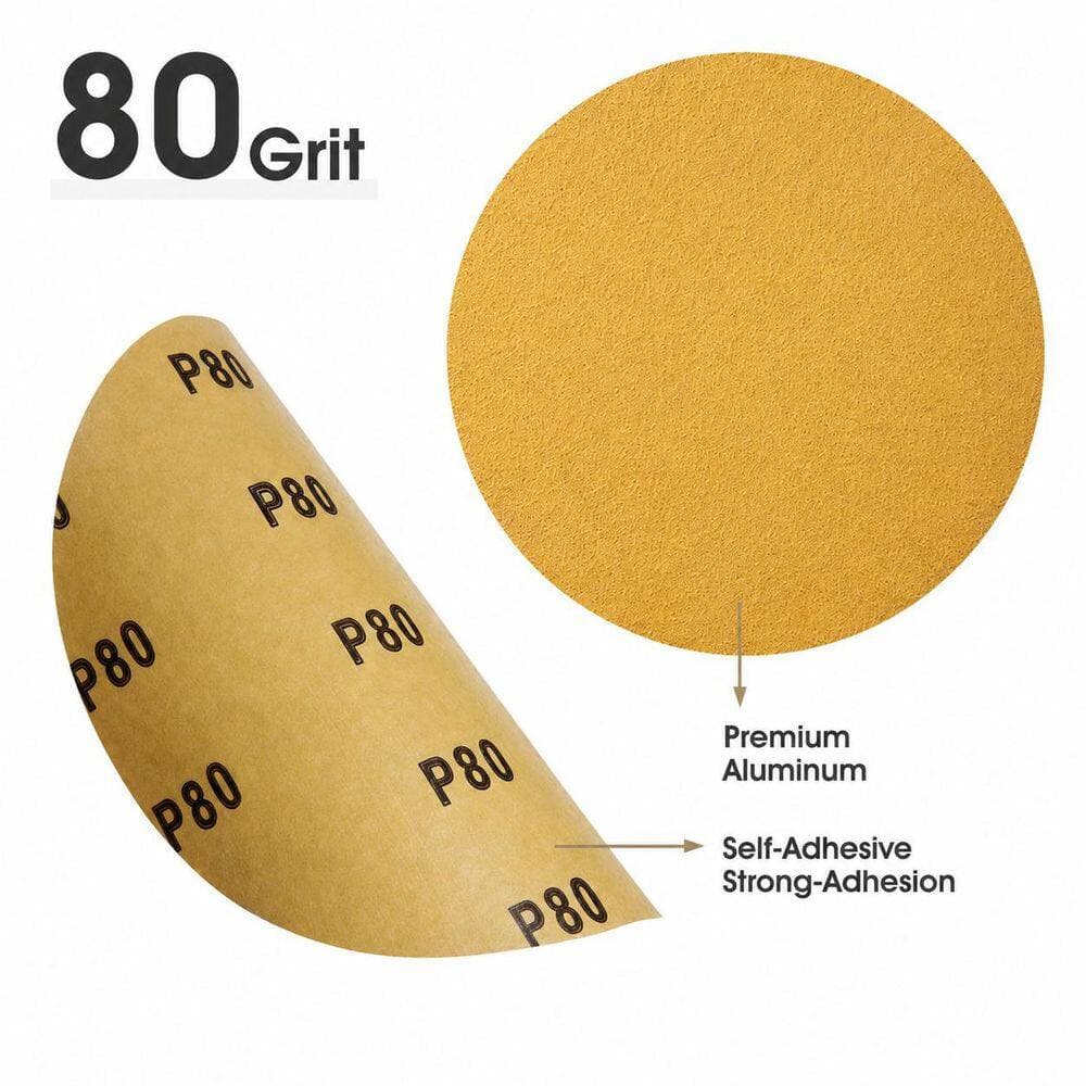 LAIFUCAM 6 in. Gold PSA Sanding Discs with Self-Adhesive Backing 80 Grit for Orbital Sanders DA Sander 100 -pieces Pack (2)