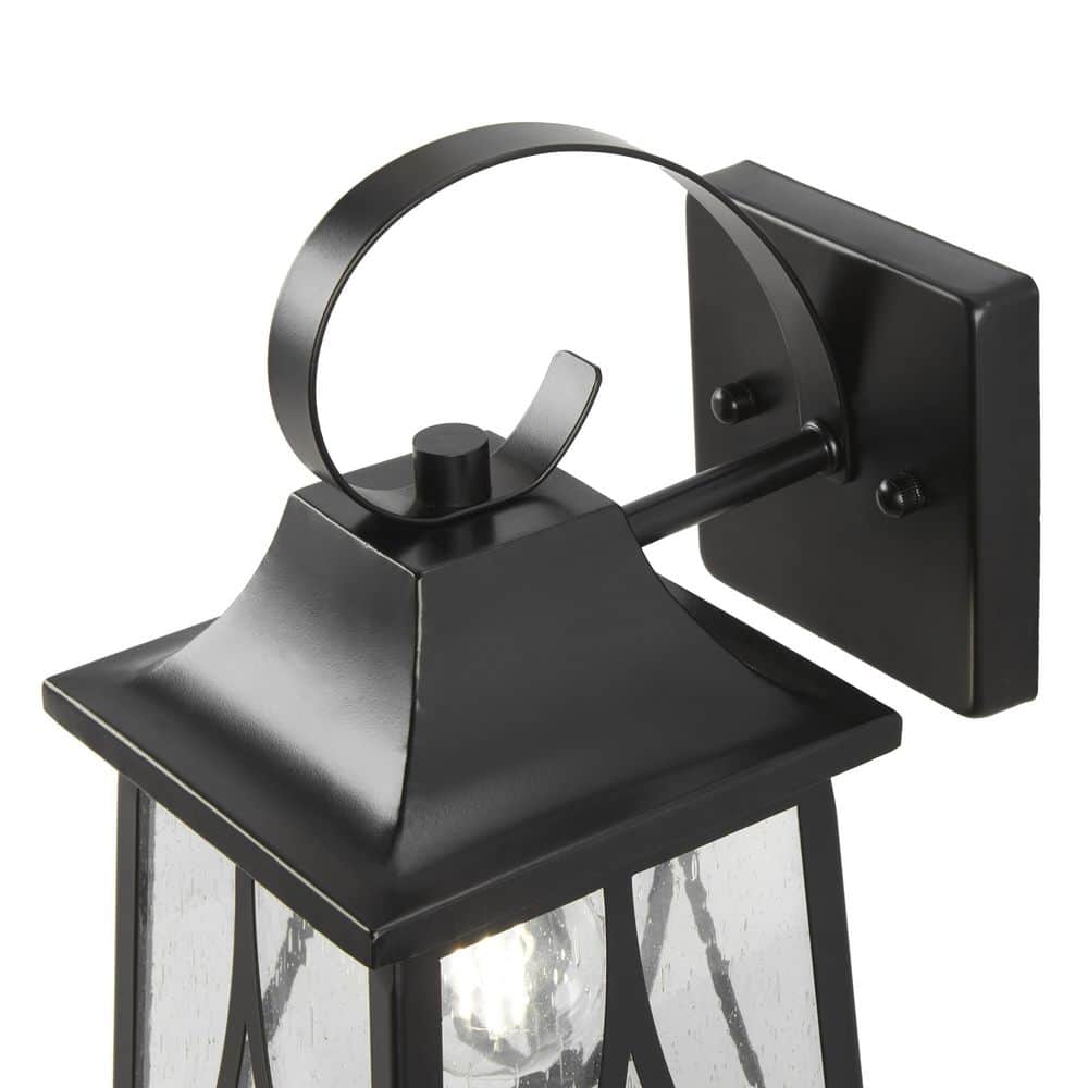 Hampton Bay Drackert 13 in. 1-Light Flat Black Hardwired Outdoor Wall Light Lantern Sconce with Seedy Glass, No Bulb Included (4)