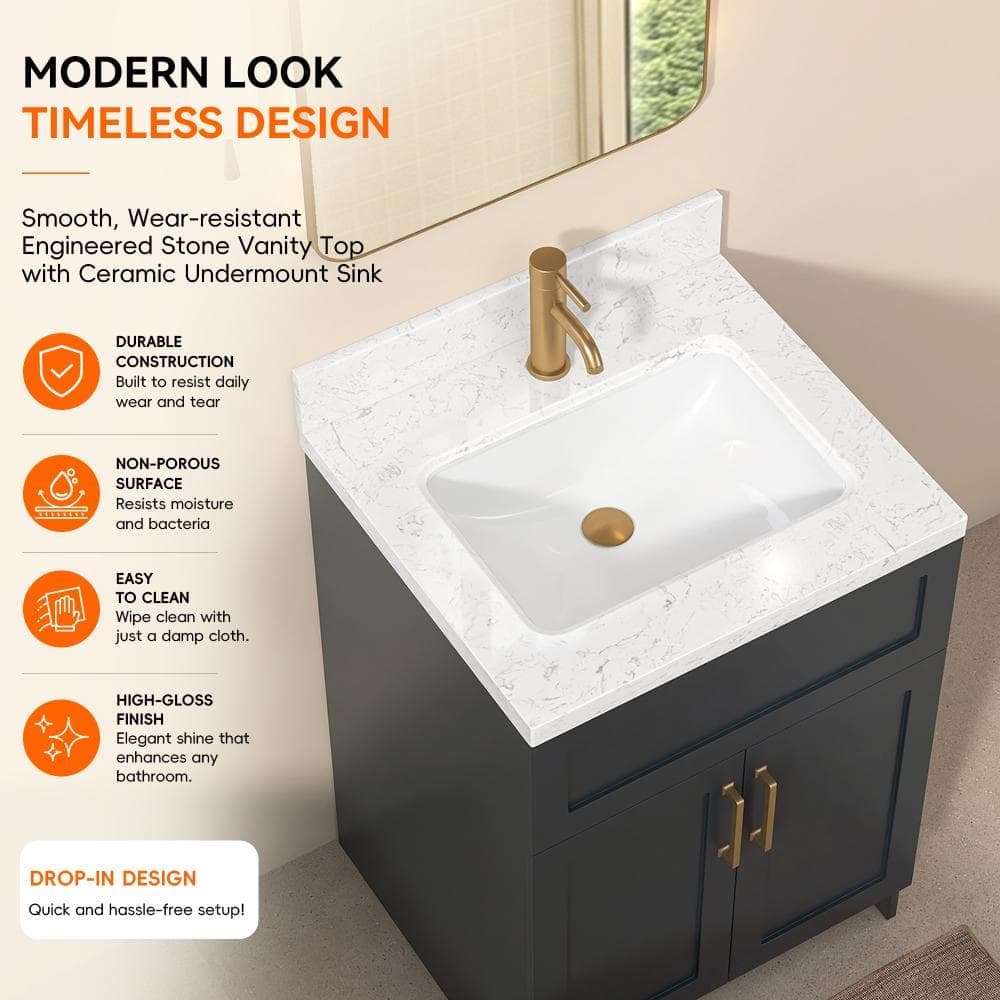 CRENRIDGE VELOR 24 in. W x 22 in. D Carrara White Cultured Marble Single Sink Bathroom Vanity Top with 4 in. Backsplash (2)