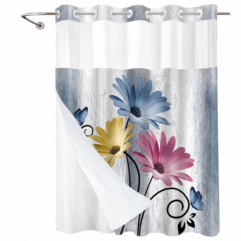 Anqtovp 72 in. W x 75 in. L Polyester Floral Shower Curtain with Snap-In Liner Waterproof No Hook Design w/ Window in Multicolor (1)