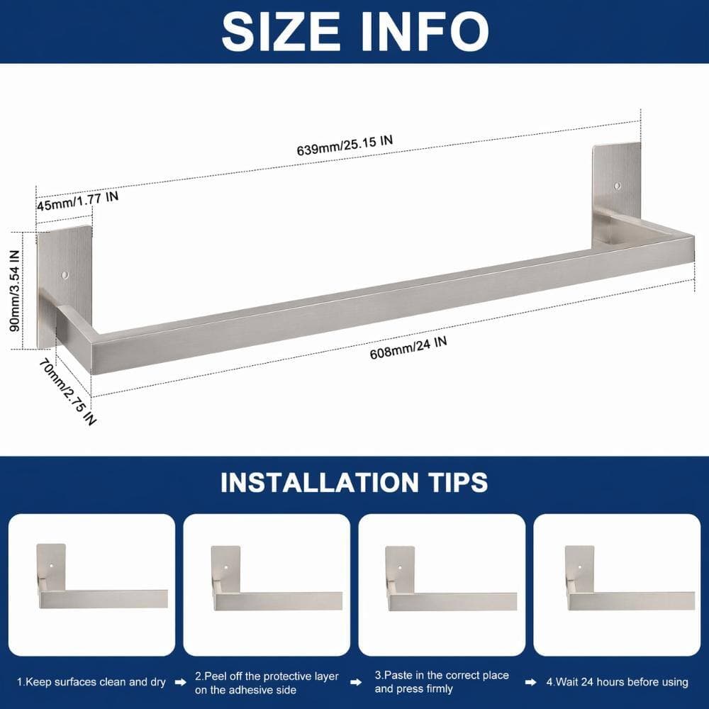 Unbranded 24 in. Dual-Install Self-Adhesive Wall Mount Towel Bar Bath Holder in Brushed Nickel Stainless Steel (2)