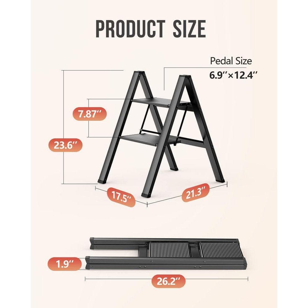Unbranded 2-Step 8 ft. Reach Aluminum Foldable Step Stool with Anti-Slip Pedals, 300 lbs. Capacity in Black (3)