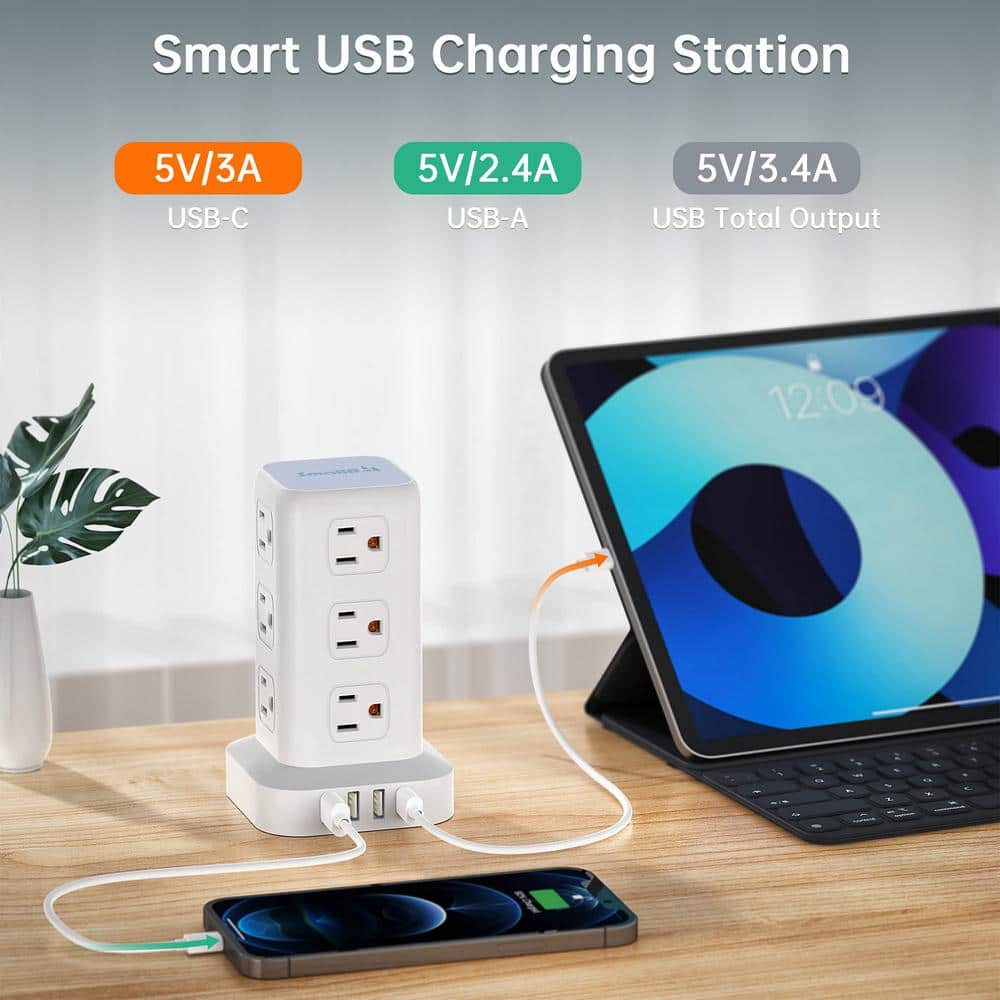 Lukyamzn 6.5 Ft. Extension Cord 12-Outlet Power Strip Surge Protector Tower in White with 4 USB Ports (2)