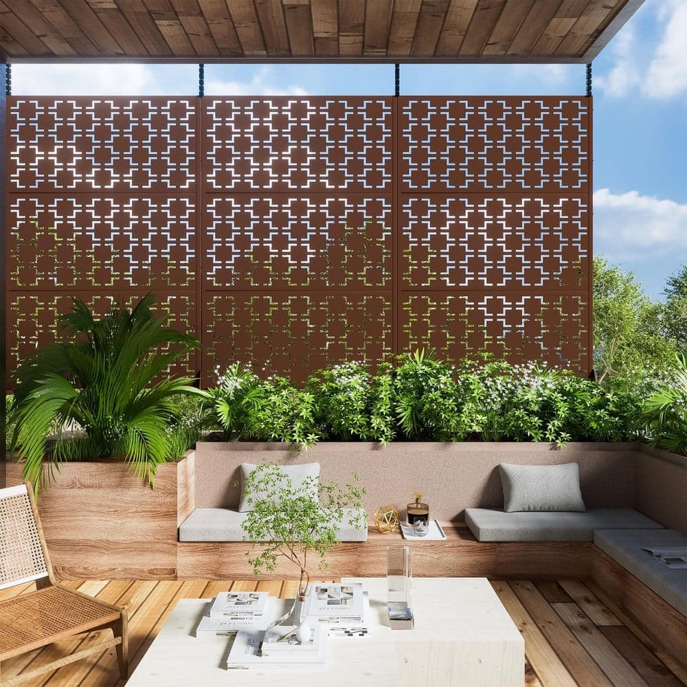 Lumioca 1-Piece 46.8 in. W x 71.37 in. H Brown Flower Shaped Metal Outdoor Privacy Screen Decorative Art Panel
