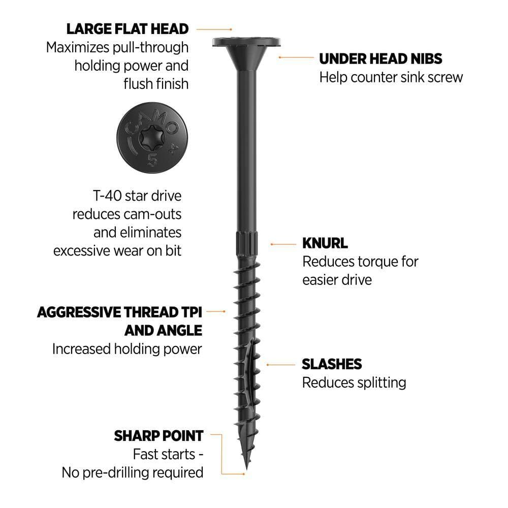 CAMO 5/16 in. x 5 in. Star Drive Flat Head Multi-Purpose + Multi-Ply + Ledger Structural Wood Screw- Exterior Coat (250-Pack) (3)
