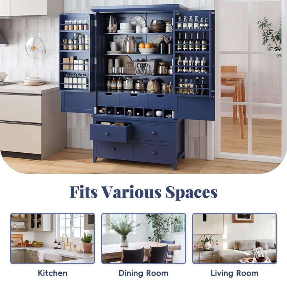 Unbranded 41.3 in. W x 18.7 in. D x 71.1 in. H Blue Linen Cabinet with 8 Door Shelves 3 Adjustable Shelves 7 Drawers 8 Wine Racks (3)