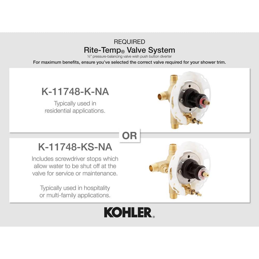 KOHLER Rite-Temp 1/2 Inch Pressure Balancing Value with Push-Button Diverter and Screwdriver Stops (2)