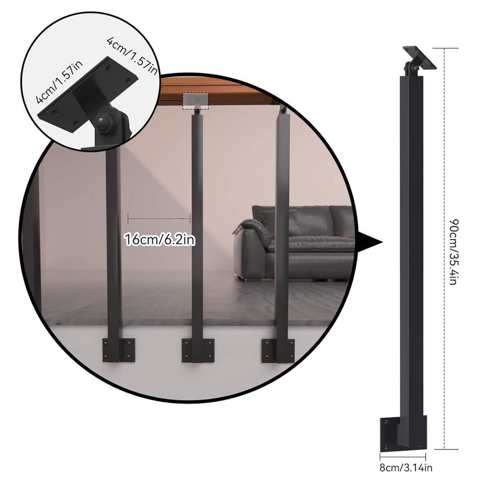 Afoxsos 35.43 in. H x 1.57 in. W Black Metal Stair Railing Kit with 270° Adjustable Railing Spindles for Steps Balconies Decks (2)
