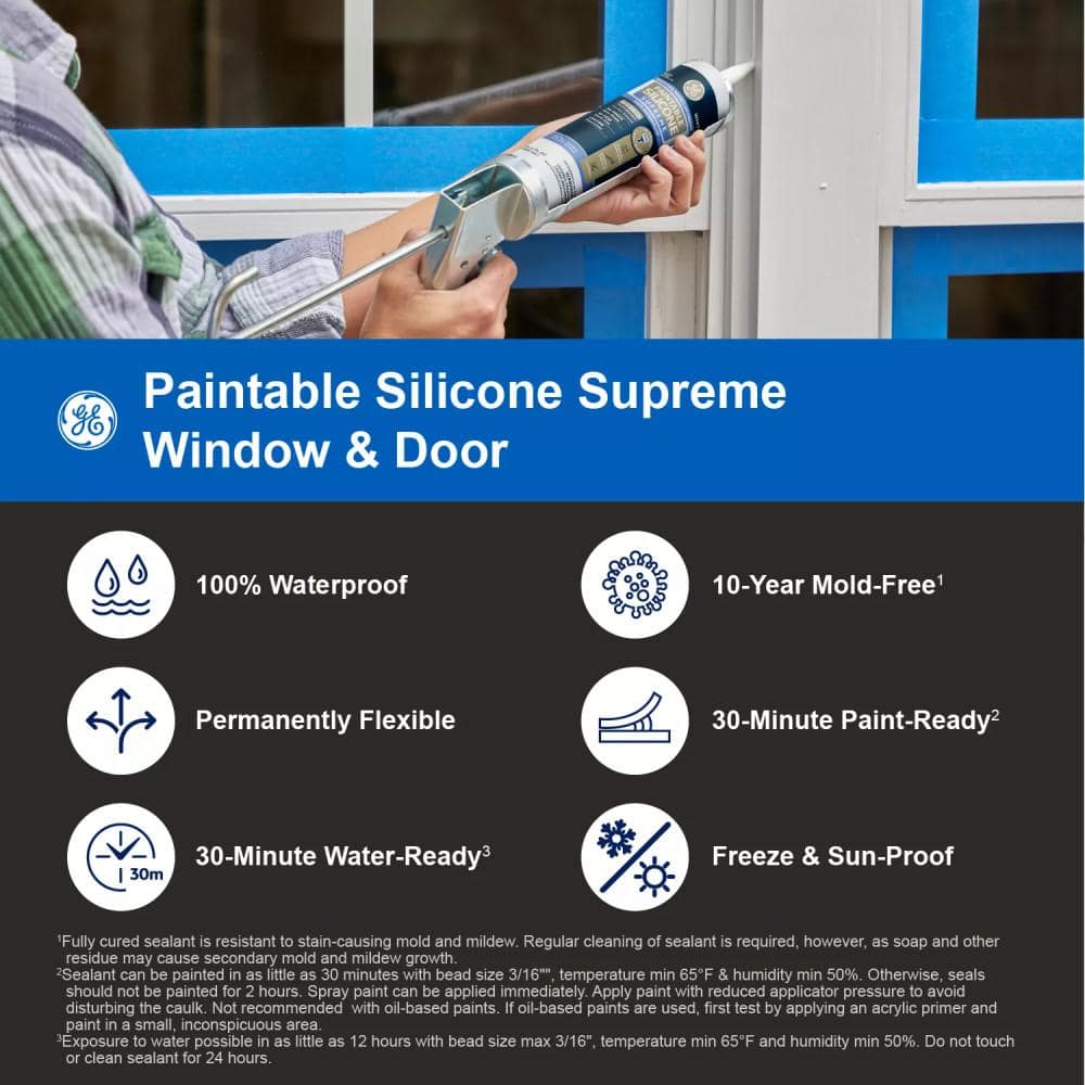 GE 9.5 oz. Paintable Supreme Silicone Caulk Window and Door Sealant White (2)