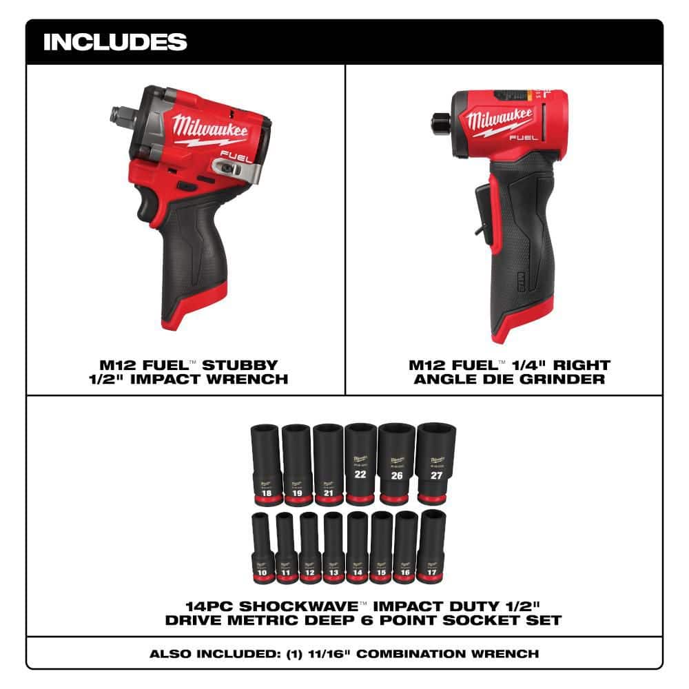 Milwaukee M12 FUEL 1/2 in. Stubby Impact Wrench with M12 FUEL Right Angle Die Grinder with 1/2 in. 14Pc Deep Impact Socket Set (2)