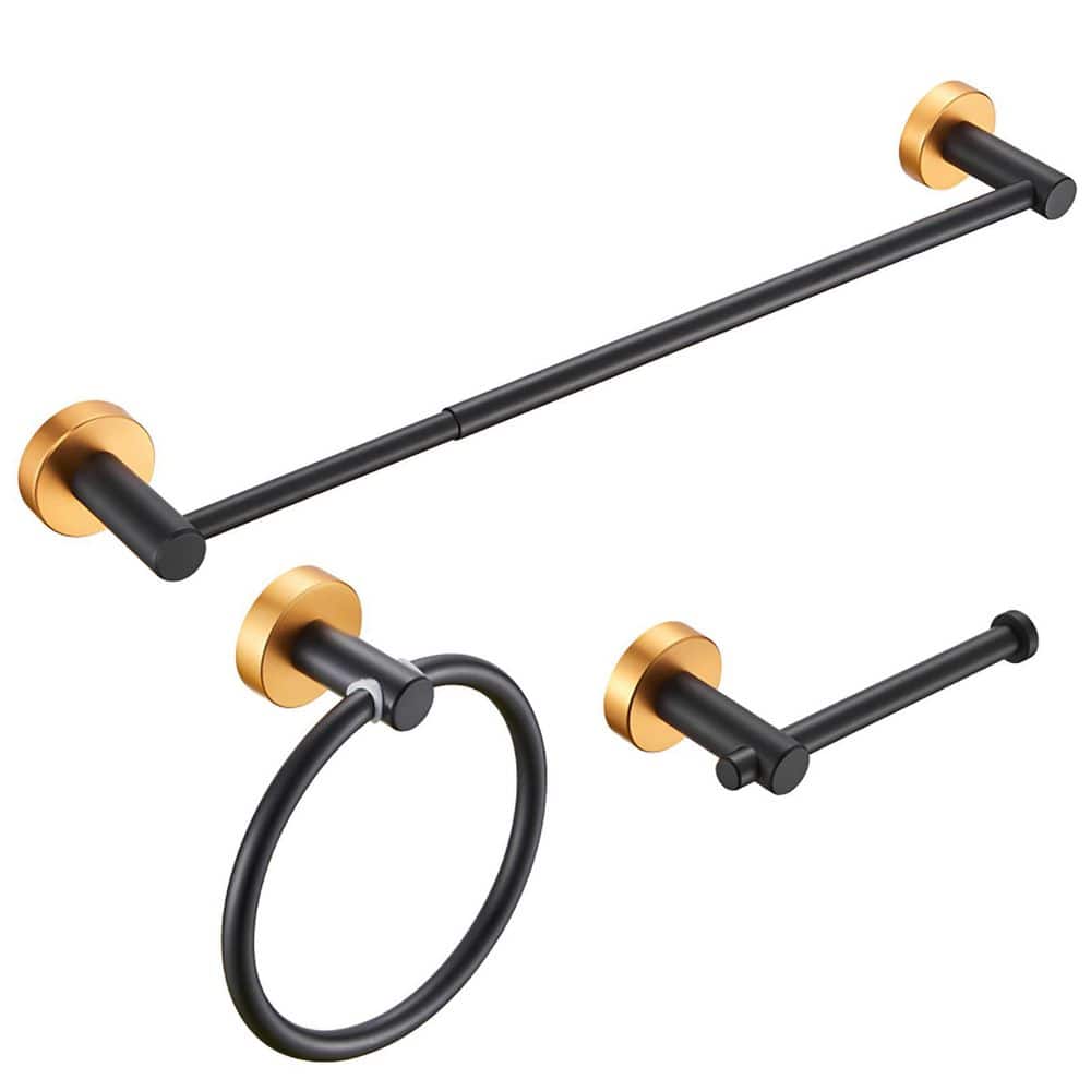 Buruis 3 -Piece Bath Hardware Set with Towel Ring, Toilet Paper Holder, Towel Bar in Black Gold (1)