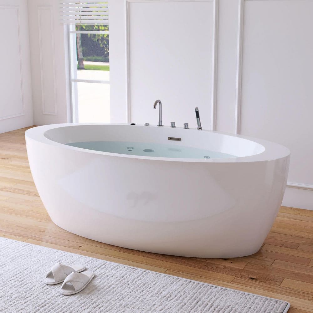 MEDUNJESS 71 in. x 37 in. Acrylic Flatbottom Freestanding Whirlpool Bathtub in White with Faucets (1)