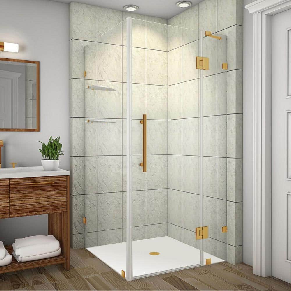 Aston Avalux GS 38 in. x 34 in. x 72 in. Rectangular Pivot Frameless Corner Shower Enclosure in Brushed Gold with Clear Glass (1)