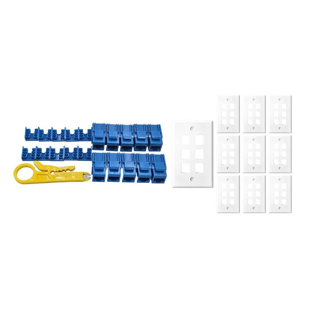 Micro Connectors, Inc 10-Pack 1-Gang White Keystone Plastic Wall Plates 6-Port and 10 Cat 6 RJ45 Keystone Jacks Blue (1)
