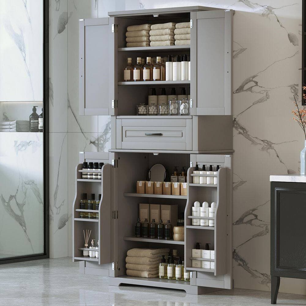 JUJABU 30 in. W x 15.7 in. D x 72 in. H Gray Linen Cabinet with Drawer and Adjustable Shelf (2)