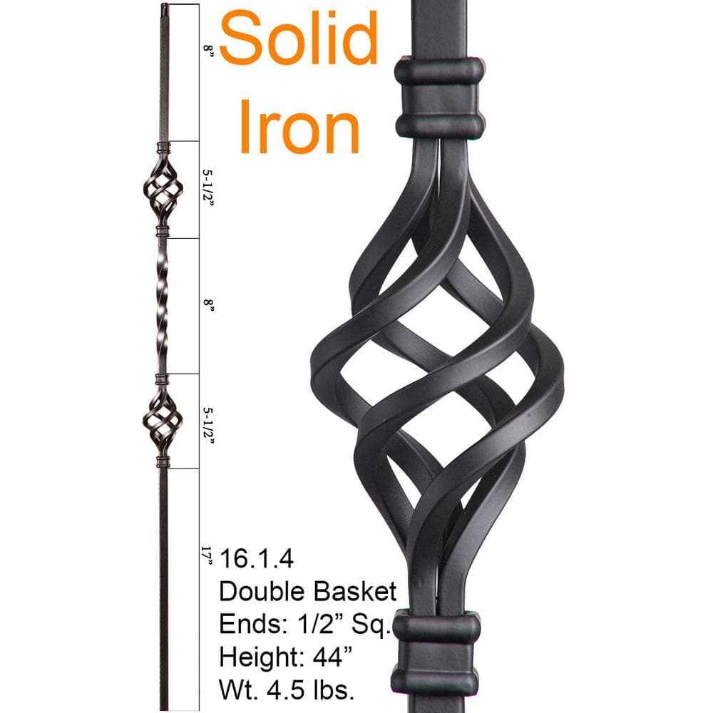HOUSE OF FORGINGS Twist and Basket 44 in. x 0.5 in. Satin Black Double Basket Solid Wrought Iron Baluster (2)