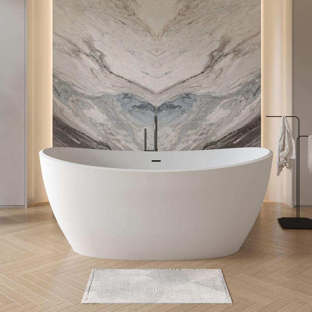 Xspracer Moray 61 in. x 31.5 in. Solid Surface Stone Resin Flatbottom Freestanding Bathtub Soaking Bathtub in Matte White (1)