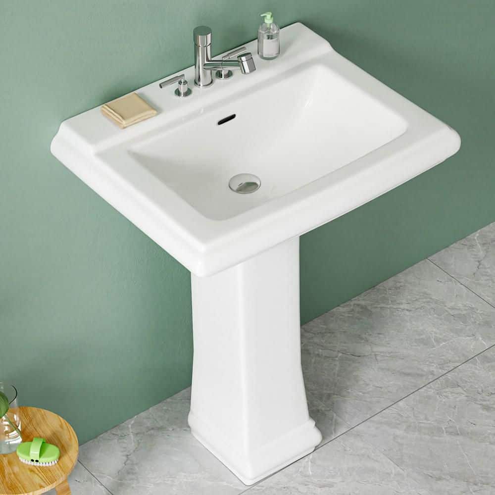 Vomlor 19.5 in. D x 26.25 in. W Rectangular Vitreous China Bathroom Pedestal Sink in White with 4 in. Centerset Faucet Holes (1)