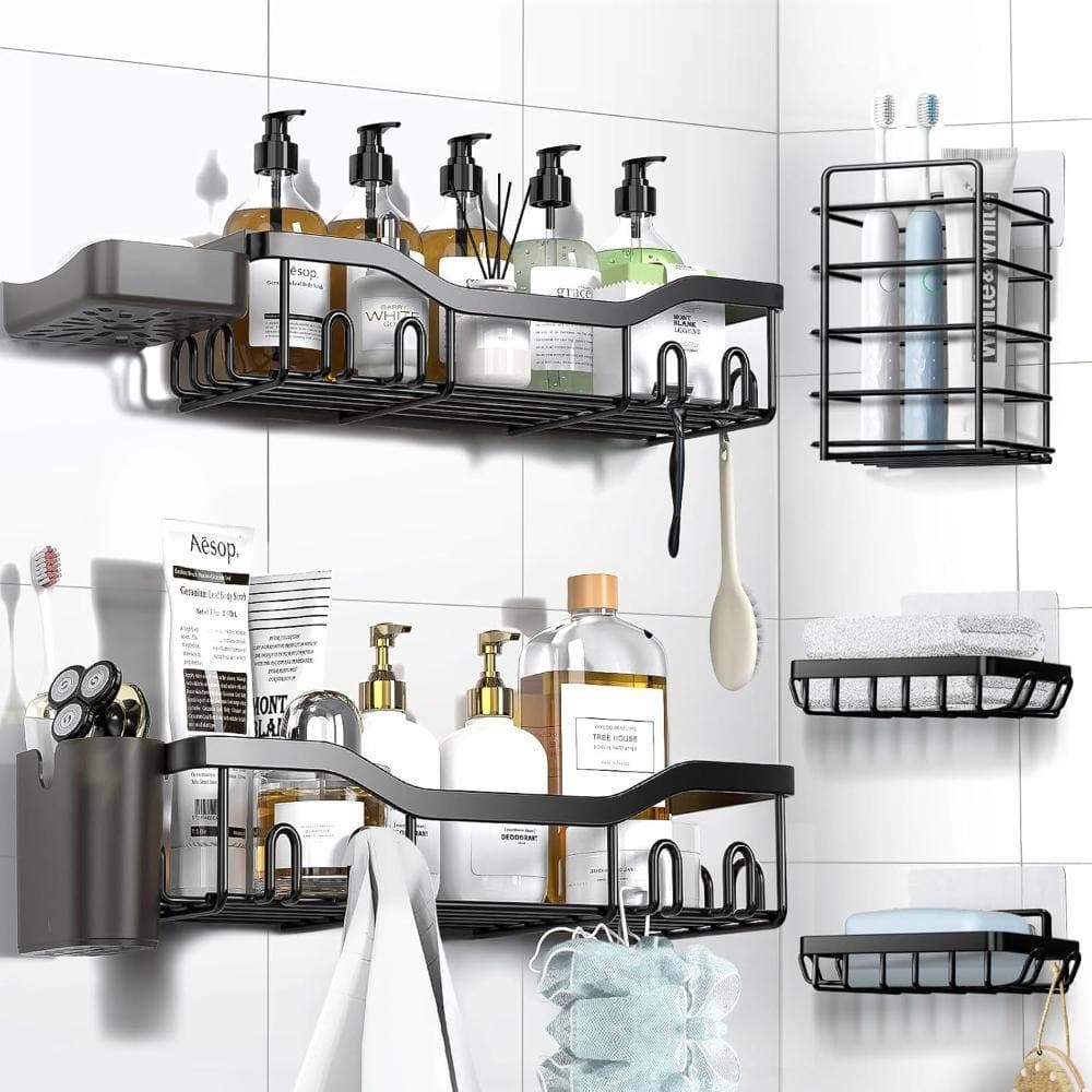 Whatseaso 12.6 in. Stainless Steel Wall Mounted Shower Caddy 7-Pack with Soap Holder and Hooks in Black (2)
