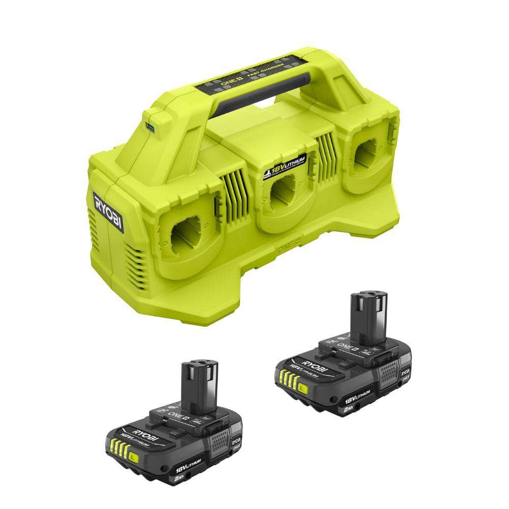 RYOBI ONE+ 18V Lithium-Ion 2.0 Ah Compact Battery (2-Pack) with 6-Port Charger (1)
