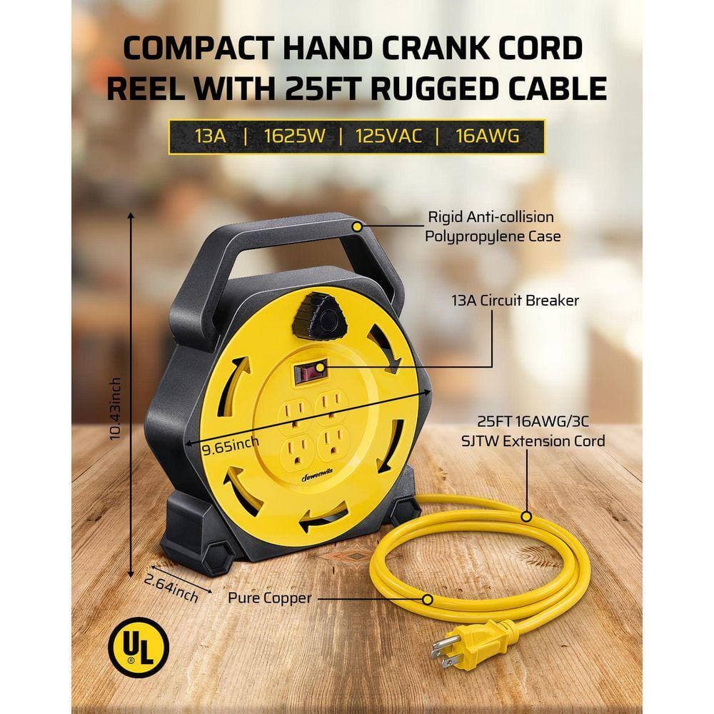 DEWENWILS Heavy Duty 25 ft. 16 / 3 SJTW 13 Amp Retractable Hand Wind Extension Cord Reel with 4-Power Outlets (3)