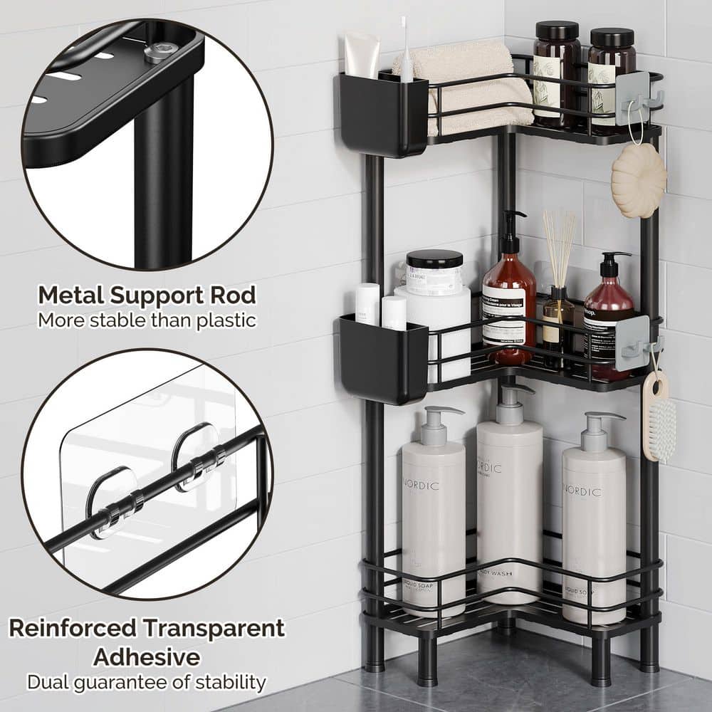 Numhew 3 Tier Sturdy Adjustable Legs Shower Caddy with Large Spacing, Toothbrush Holder, Hooks, Drainage and Rustproof in Black (3)