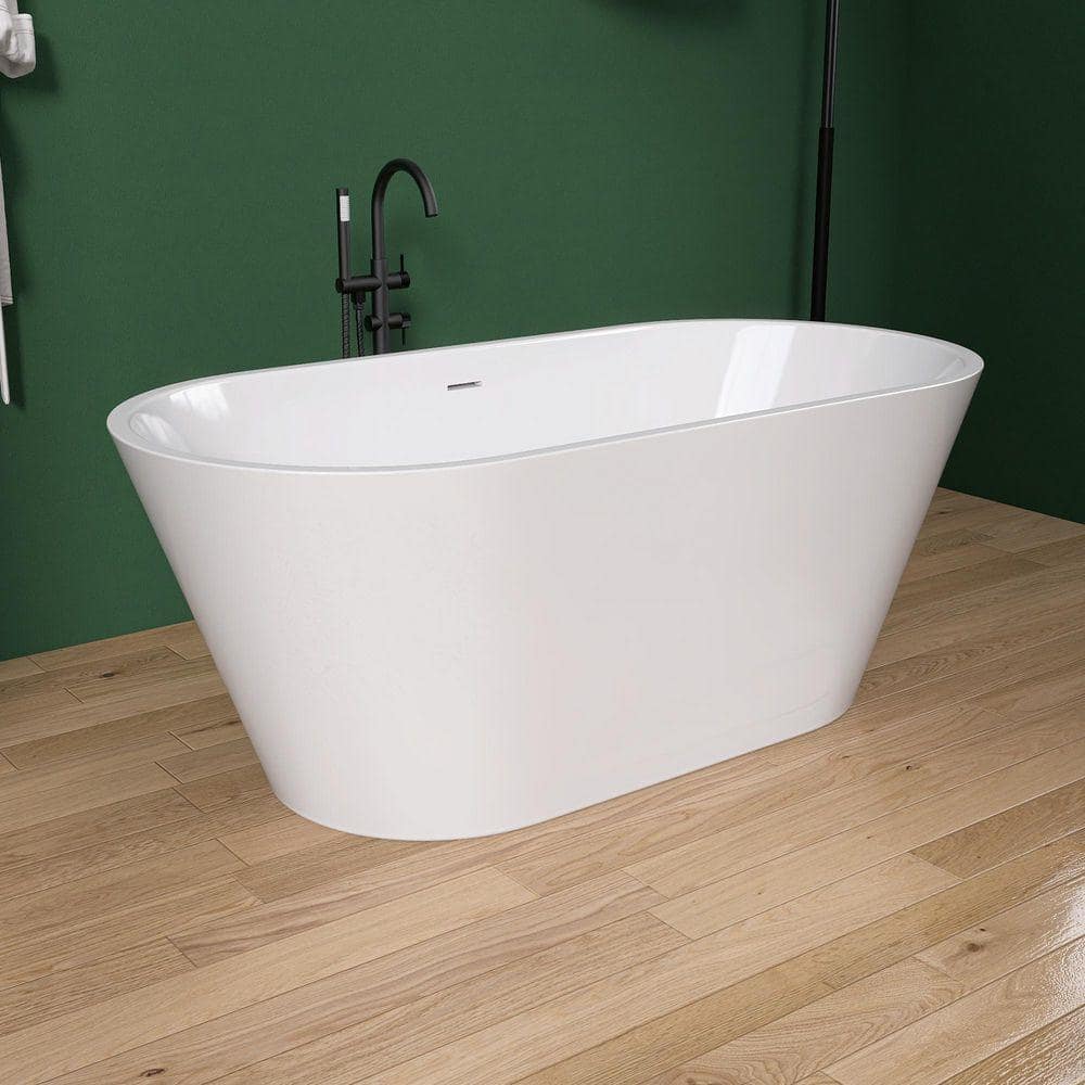 NTQ 59 in. x 29.5 in. Acrylic Free Standing Tub Freestanding Soaking Bathtub Flatbottom Stand Alone Tub in Glossy White (2)