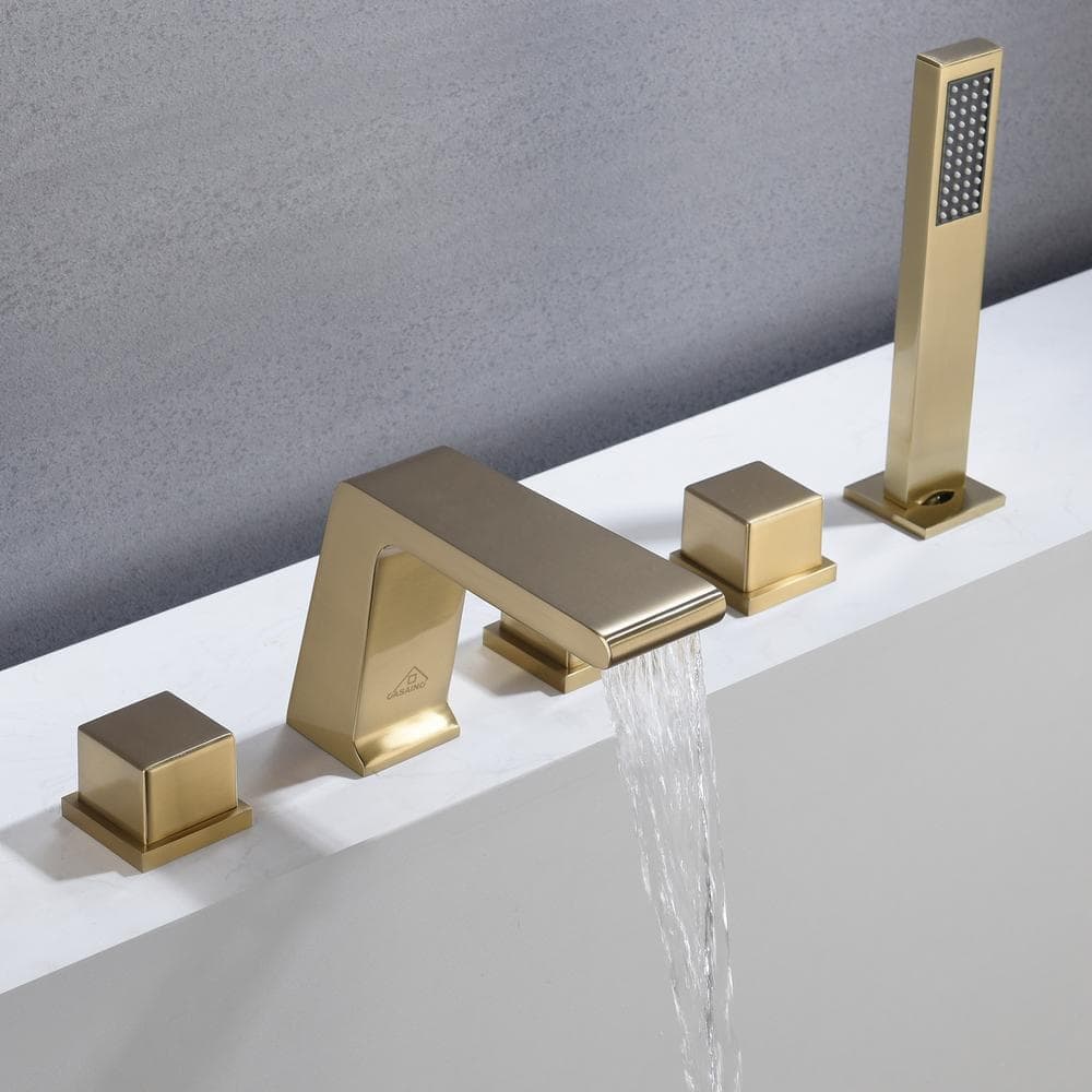 CASAINC 3-Handle Tub-Mount Roman Tub Faucet with Hand Shower in Brushed Gold (3)