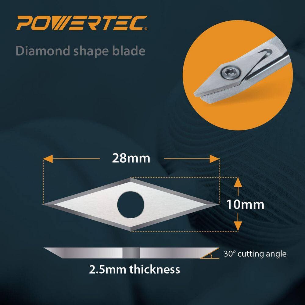 ‎POWERTEC 6-Piece Tungsten Carbide Cutter Insert Set for Wood Lathe Tools with 11mm Flat Square, 12mm Round and 10 x 28mm Diamond (3)
