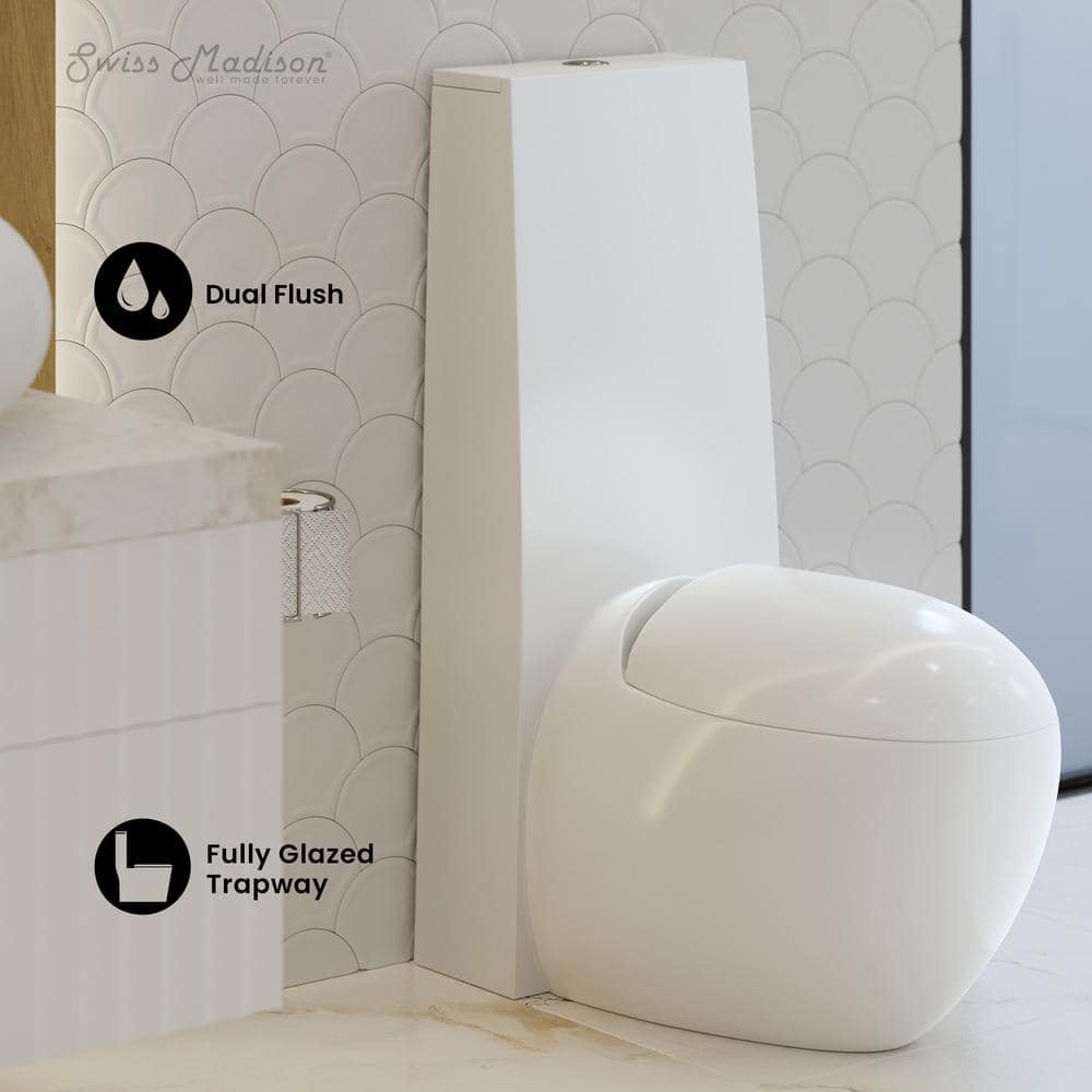 Swiss Madison Plaisir 1-piece 1.1/1.6 GPF Dual Flush Elongated Egg Toilet in. Glossy White, Seat Included (2)