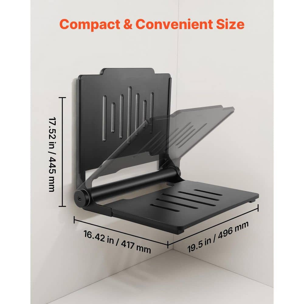 Wudkey 17.8 in. Wall Mounted Plastic Foldable Shower Seat in Black, Shower Bench with Stainless Steel Frame, 400 lbs. Capacity (2)