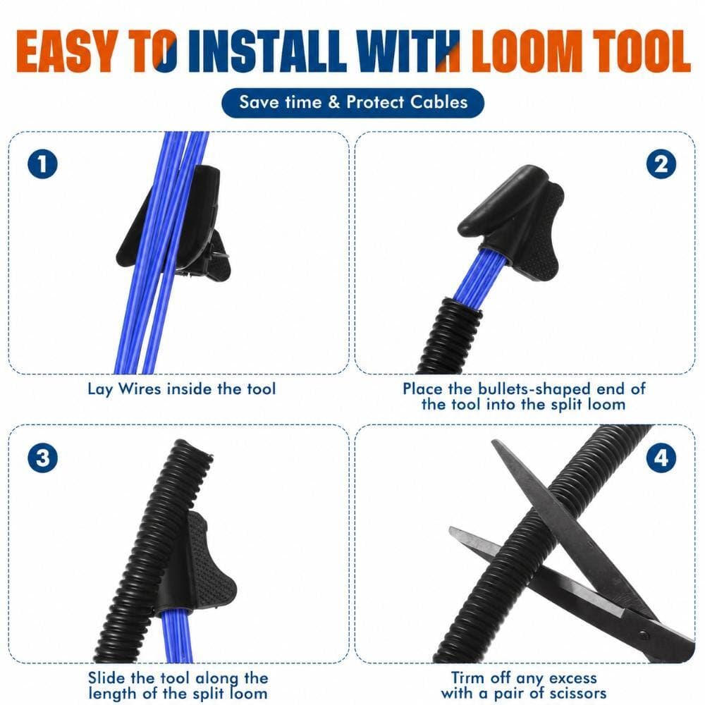 Unbranded 1 in x 60 ft Split Wire Loom Tubing Kit with 2 Insertion Tools, Flexible Polyethylene Cable Sleeve (2)
