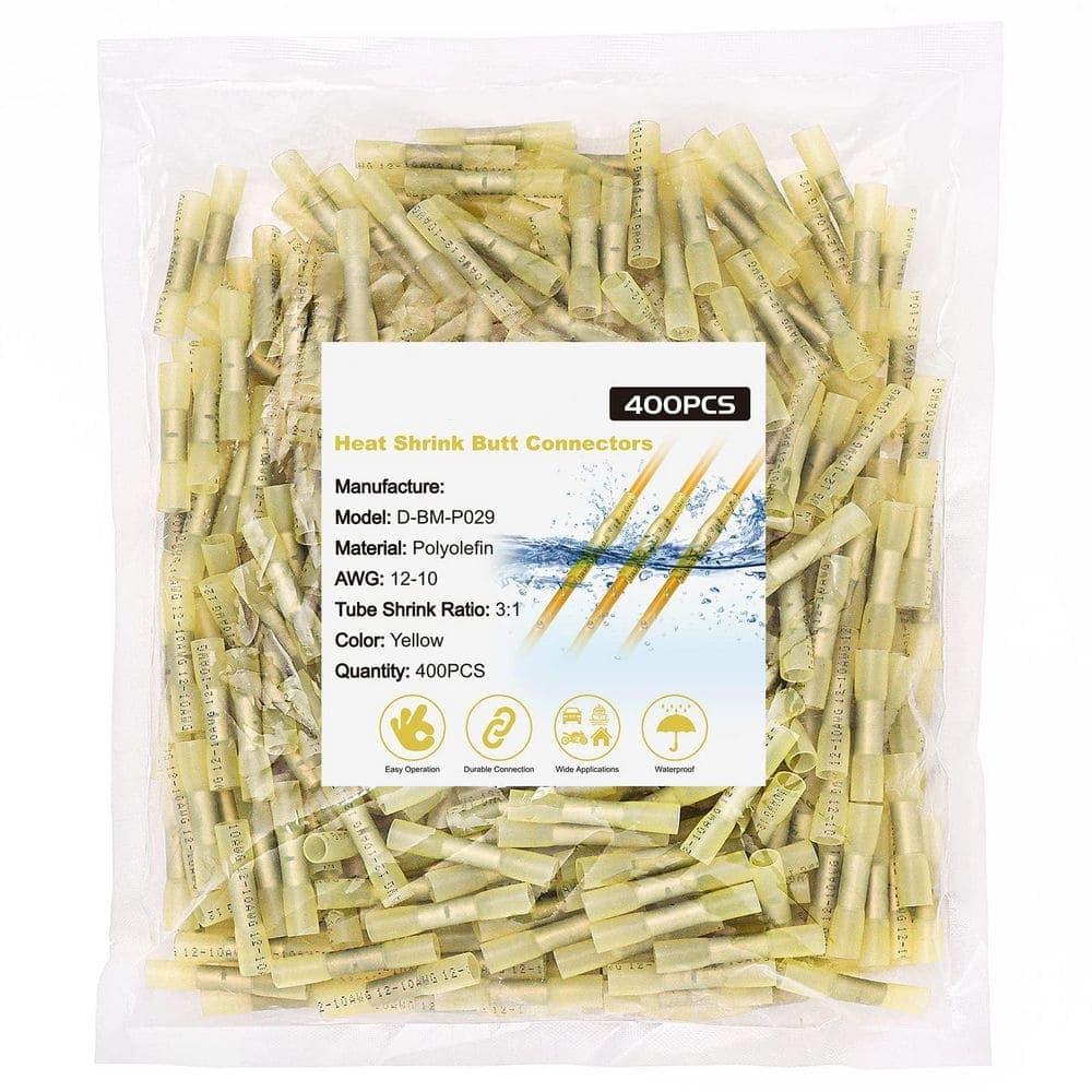 Unbranded 12-10 AWG 400-Pack Yellow Heat Shrink Butt Connectors with Tinned Copper Core for Marine and Electrical Wiring