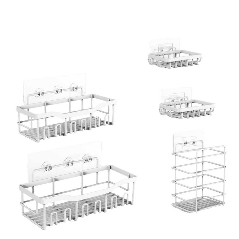 Wudkey 5-Pack No Drill Apartment Rustproof Stainless Steel Shower Caddy in White for Apartment, Bathroom Kitchen Storage Home (1)