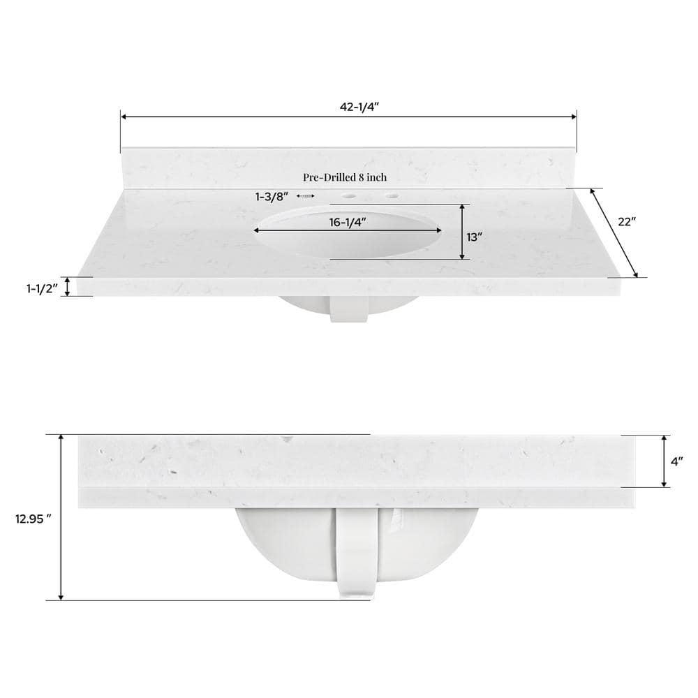 ARIEL 42 in. W 22 in. D with 1.5 in Thick Milter Edge with Round Single Sink Vanity Top White (2)