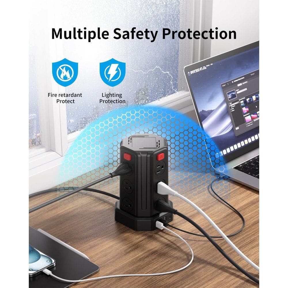Lukyamzn Power Strip 6.5 ft. 12-Outlet 3-Ports 1-Ports Surge Protector with 4-Switches and Multiple Protection Functions Black (3)