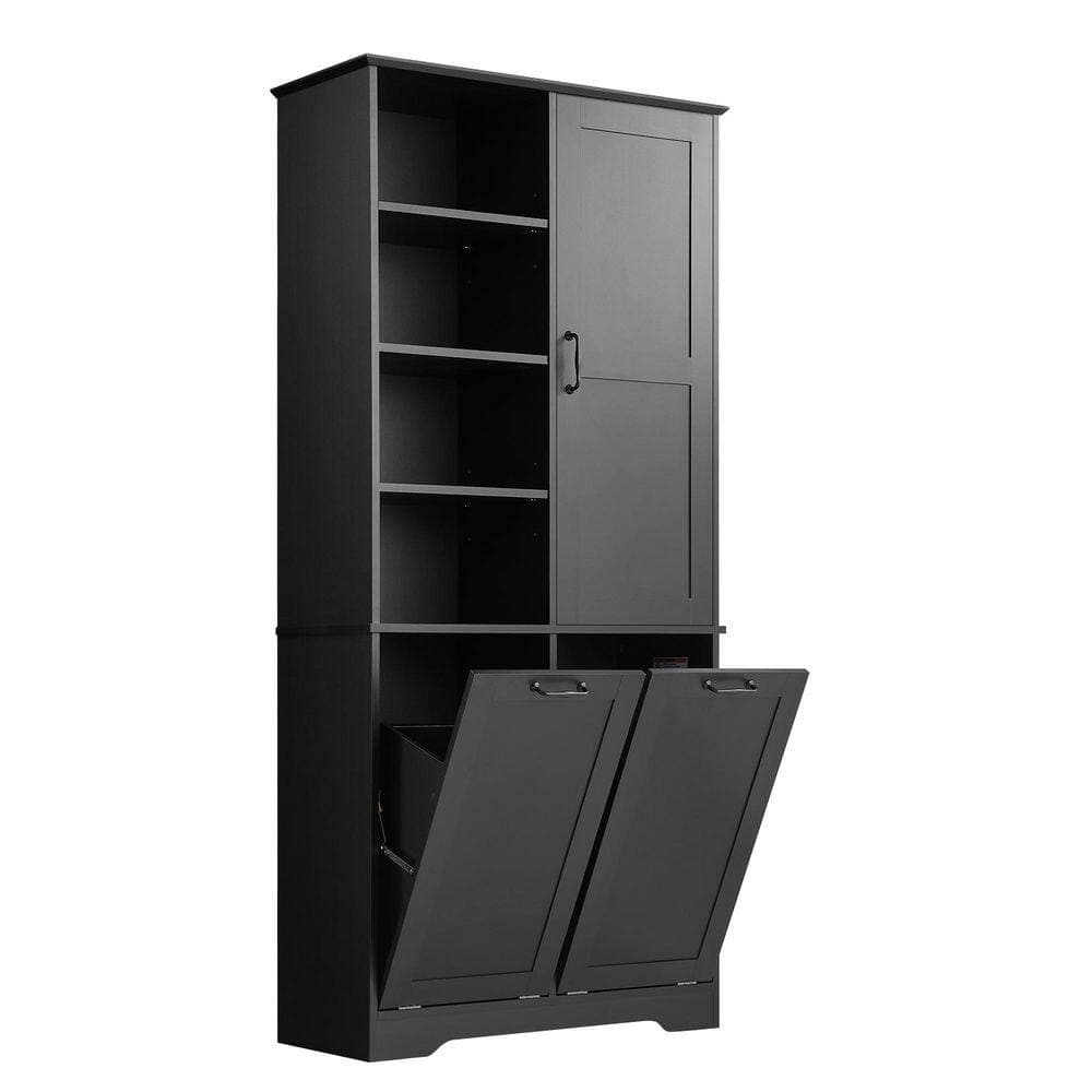 Unbranded 31 in. W x 14 in. D x 68 in. H Black MDF Freestanding Linen Cabinet with Tilt-Out Drawer and Adjustable Shelf (2)