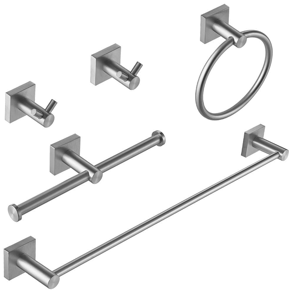 HOMEMYSTIQUE 5-Piece Bath Hardware Set with Towel Bar Towel Ring Towel Hook Toilet Paper Holder in Brushed Nickel (1)